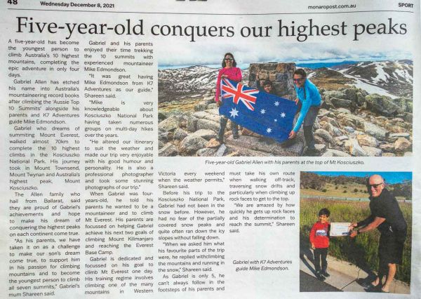 2021 Five year-old walks Australia's ten highest peaks